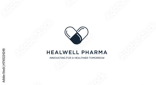 Healwell Pharma Logo with Heart-Shaped Pill for Health and Innovation.