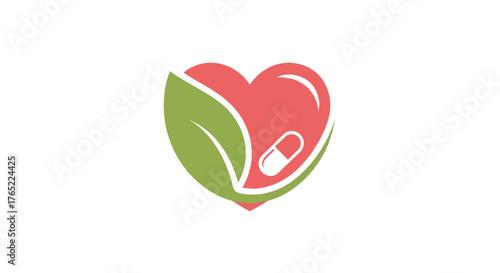 Healthy Heart Symbol with Leaf and Capsule Representing Wellness.