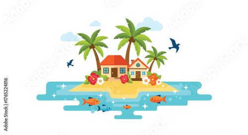 Tropical Island Paradise with Palm Trees and Houses.