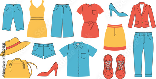 Assortment Of Casual And Dressy Clothing And Accessories In Blue Yellow And Red Keywords: clothing, fashion, apparel, style, outfit, attire, casual, dressy, women, women's, collection, set