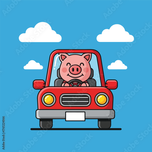 Happy pig driving a red car under fluffy white clouds. Suitable for kids books, travel blogs, or automotive advertisements.