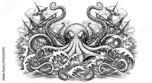 Intricate black and white illustration of a kraken attacking ships in stormy seas
