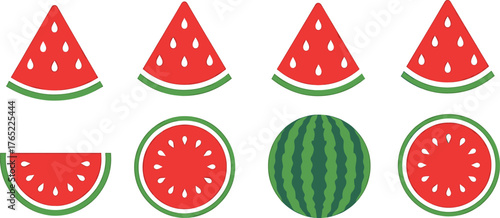 Assortment of watermelon slices and whole fruit on white background Keywords: watermelon, fruit, summer, food, healthy, sweet, juicy, slice, wedge, round, whole, cut, refreshing, dessert, snack
