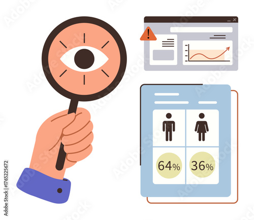 Hand holding magnifying glass over data trends, gender ratio charts, and warning sign. Ideal for analytics, research, monitoring, SEO, demographics trends problem-solving. Simple flat metaphor