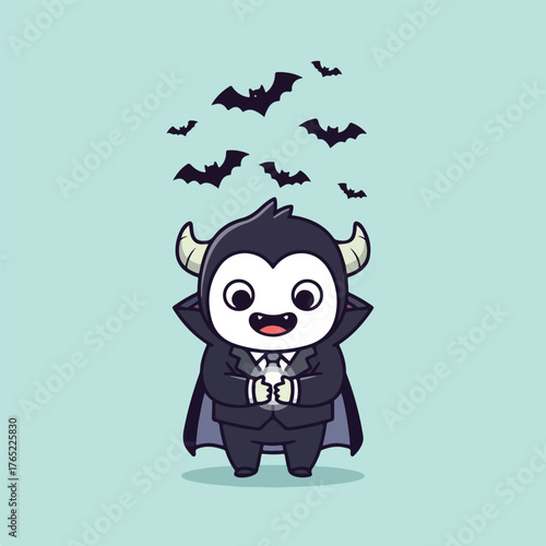 Perfect for halloween designs, this adorable vampire with horns is surrounded by bats, holding a mysterious item in its hand.