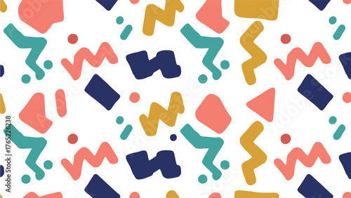 This vibrant and playful seamless pattern features an array of geometric shapes in bold colors like coral, teal, mustard yellow, and navy, ideal for background designs, fabric prints
