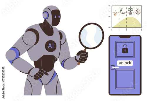 Robot with AI label holding magnifying glass next to graph and locked door. Ideal for technology, innovation, problem-solving, research, data analysis, AI advancement, automation. Simple flat