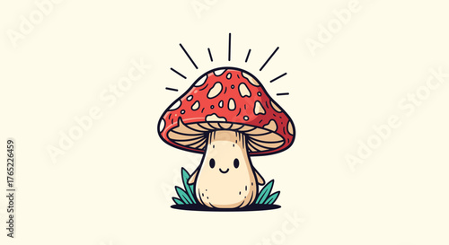 Charming Cartoon Mushroom with Red Cap and Adorable Smiling Face.