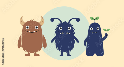 Three cute and friendly cartoon monsters standing together as a group.