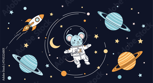 Cute Mouse Astronaut Floating in Space with Planets and Rocket.