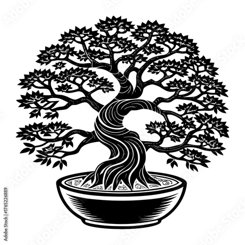 Stylized bonsai tree hollow trunk illustration vector art for japanese zen gardens and nature designs