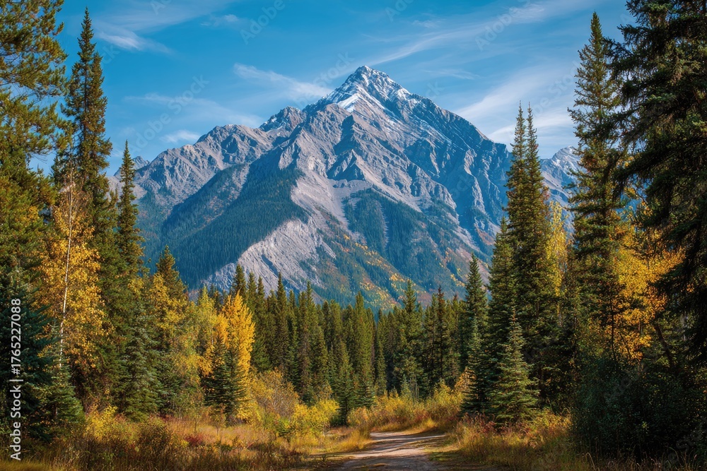 Fototapeta premium Forest trail leading to snowcapped mountain peak
