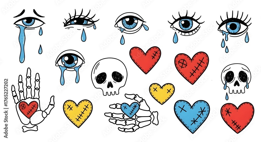 Naklejka premium Collection of hand-drawn illustrations featuring eyes, hearts, and skulls with vibrant colors and emotions