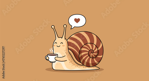 Cute cartoon snail enjoying a hot cup of coffee with love.