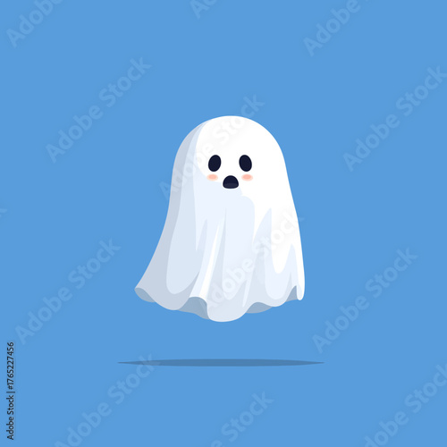 Cute Cartoon Ghost Floating with Surprised Expression on Blue Background.