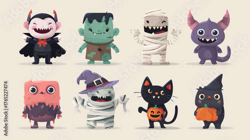 Halloween Cartoon Characters - Vampire, Frankenstein, Mummy, Monster, and Black Cat.
