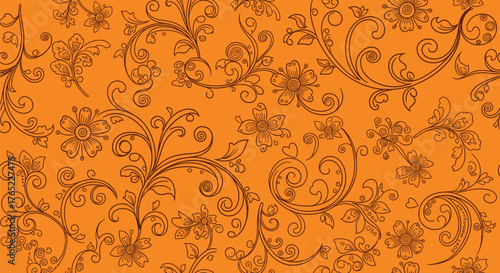 Elegant ornamental floral pattern with swirling vines and leaves.