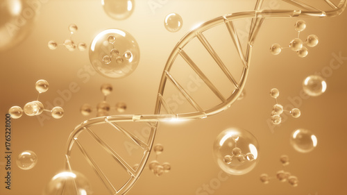 Fototapeta Naklejka Na Ścianę i Meble -  Gold DNA and molecular structure, Skin care cosmetic concept, 3D rendering