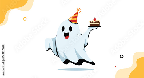 Cute cartoon ghost character celebrating a birthday with cake.