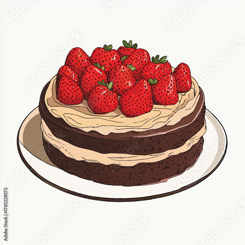 Chocolate Cake with Fresh Strawberries on a White Plate