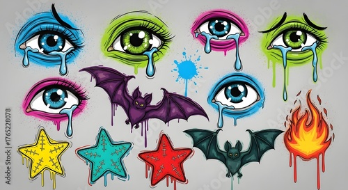 Wallpaper Mural Colorful cartoon-style eyes with tears, bats, stars, and flames on a gray background for creative use Torontodigital.ca