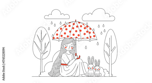 Young girl with long hair holding an umbrella in the rain with two rabbits.