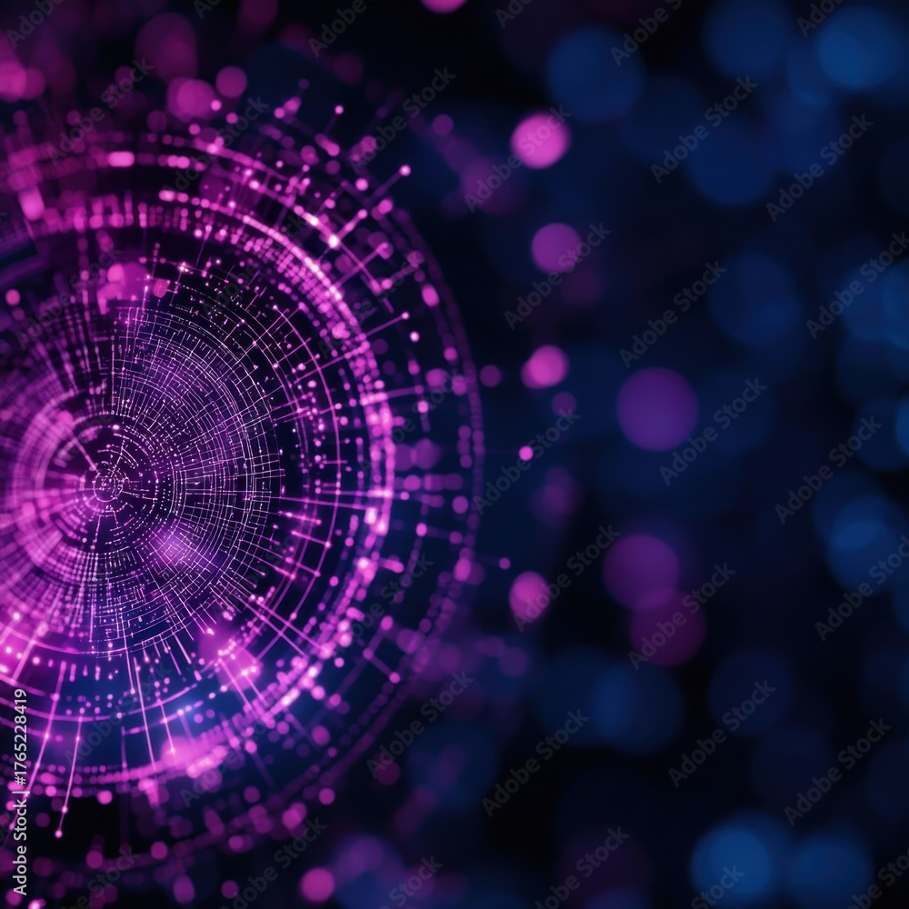 Obraz premium A vibrant, abstract design featuring concentric circles and luminous dots, creating a futuristic digital atmosphere.