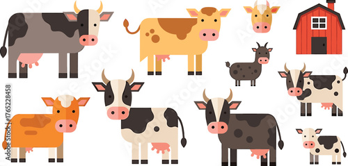 Diverse cartoon cows and a barn on white background Keywords: cow, cattle, farm, animal, livestock, barn, red barn, dairy, agriculture, countryside, nature, pet, mammal, calf, bull, herd, friendly
