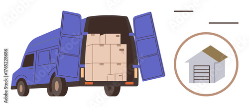 Delivery vehicle loaded with parcels, warehouse icon indicating storage or logistics. Ideal for shipping, courier business, supply chain, warehouse, home moving, relocation, flat simple metaphor