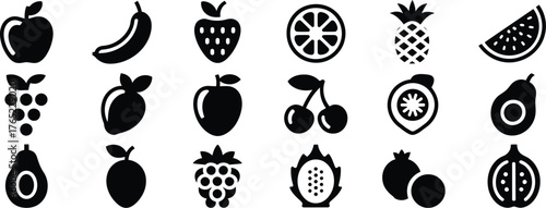 Vector fruit icons collection featuring banana, strawberry, pineapple, watermelon, grapes mango, peach cherry, lemon avocado, pear and kiwi – black glyph symbols for healthy food infographic and menu 