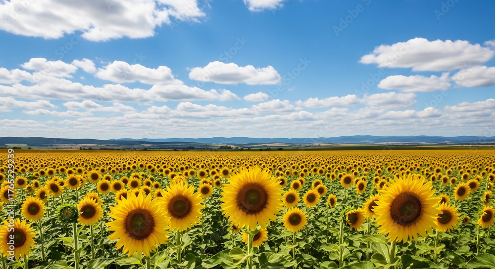 Obraz premium Vibrant sunflower field under a blue sky with fluffy clouds. Perfect for summer backgrounds, nature themes, or agricultural projects. Inspires joy and warmth.
