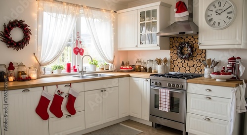 Cozy Christmas Kitchen Decorated with Festive Wreaths, Stockings, and Warm Lighting.