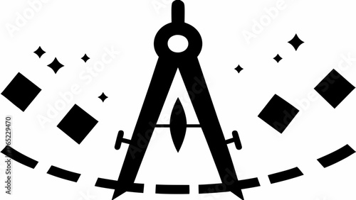 Illustration of a black drafting compass with geometric shapes and star accents around it design art