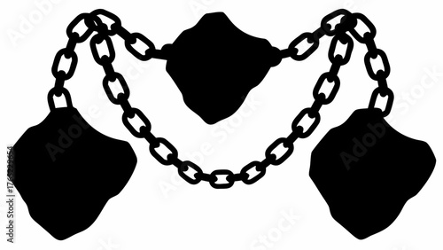 Illustration of a chain connecting two weights with a diamond shaped object in the middle section of chain