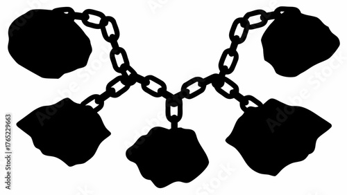Illustration of a black chain connecting five irregular shaped weights on a white background image view
