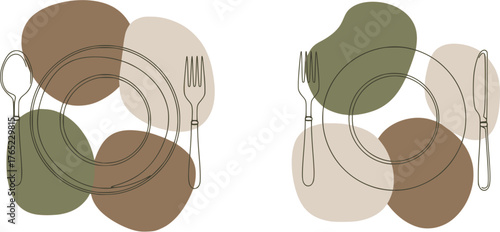 Tableware. Minimalist table setting continuous line art with earth tones abstract shapes, color vector illustration. EPS version.