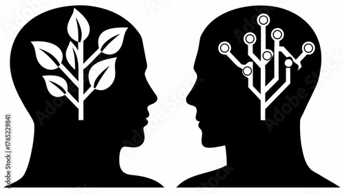 Two head silhouettes facing each other with a tree and a circuit board inside their heads in black and white
