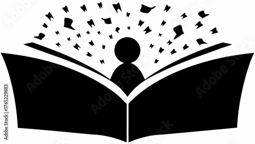 Silhouette of a person reading an open book with abstract shapes floating above in a black and white design