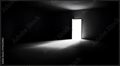 Empty square room with grayscale shot of an open door letting light into a dark room