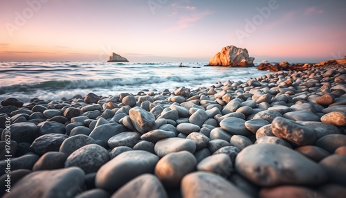 Smooth, weathered pebbles line a rocky beach at sunset, with gentle waves lapping the shore and a dramatic rock formation in the distance.