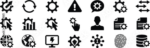 Gear and settings icons set cogwheel, wrench, process, optimization, system update, configuration, maintenance and automation concept, black glyph silhouettes for business, app