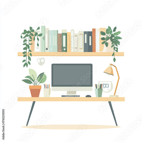 Minimalist Workspace with Computer Books and Plant.