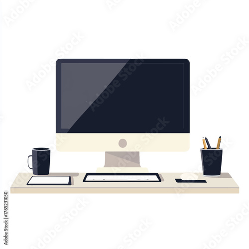 Modern Desktop Computer Setup with Accessories on a Shelf.