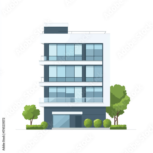 Modern Apartment Building with Balconies and Greenery