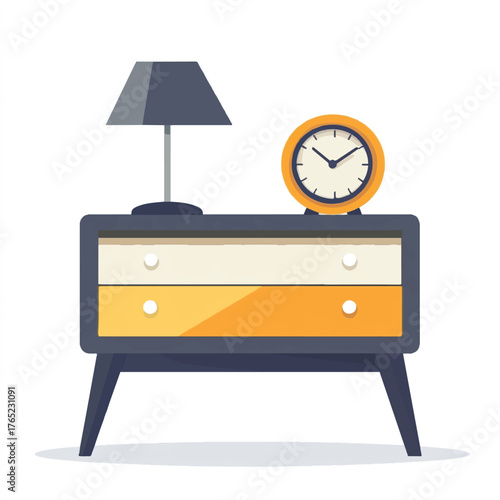 Modern bedside table with lamp and clock