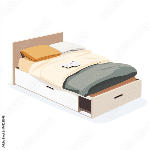 Modern Beige and White Bed with Drawer
