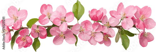 elongated pink apple blossom decoration with stem and leaves