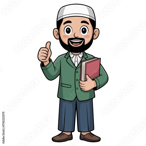 A cartoon illustration depicts a man wearing a cap, smiling and holding a book, giving a thumbs-up.