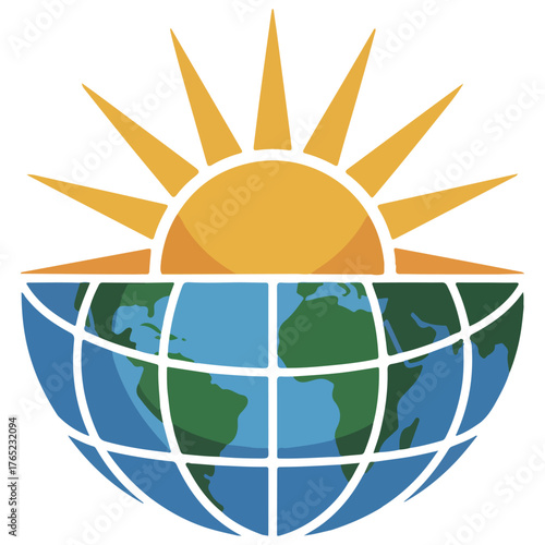Sun and Earth emblem, representing global energy and a bright future. A visual of the sun radiating energy over a globe, symbolizing sustainability, renewable energy and solar power