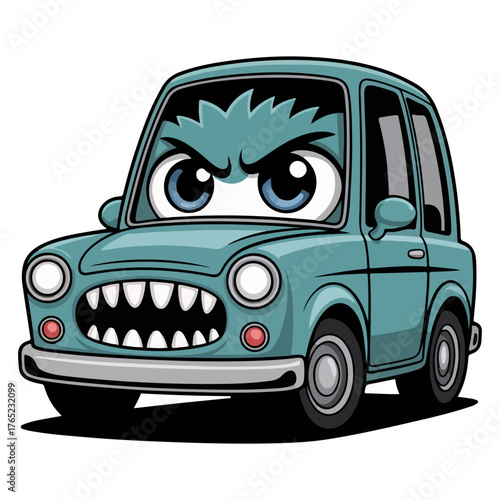 A cartoon car with angry eyes and mouth